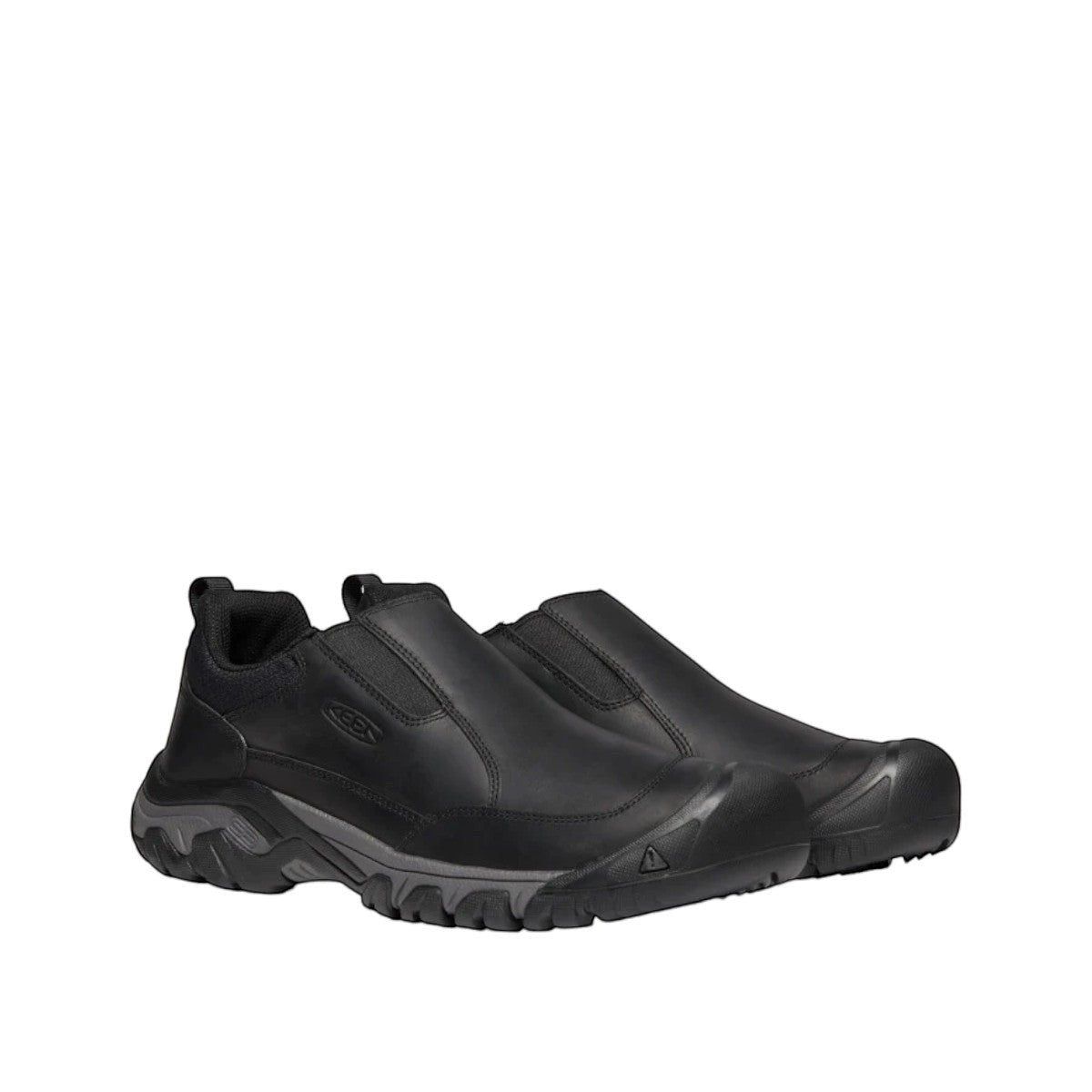 KEEN MEN'S TARGHEE III SLIP-ON - BLACK/MAGNET. Black leather slip-on hiking shoe with grey sole and KEEN logo.