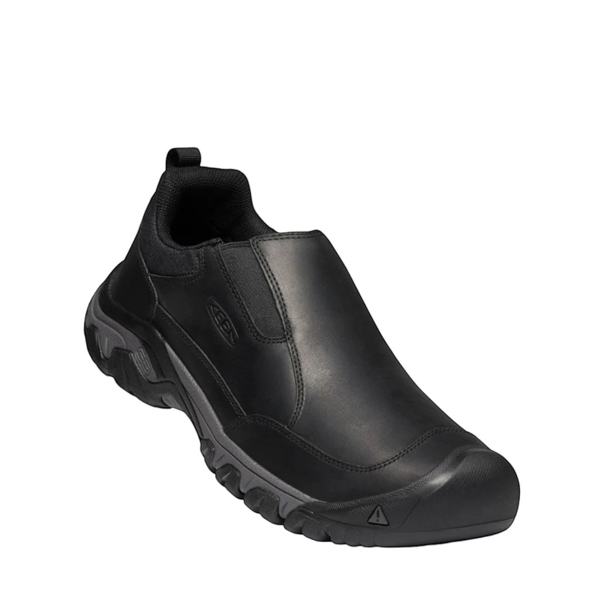 KEEN MEN'S TARGHEE III SLIP-ON - BLACK/MAGNET. Black leather slip-on hiking shoe with grey sole and KEEN logo.