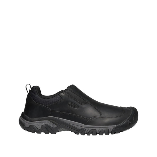 KEEN MEN'S TARGHEE III SLIP-ON - BLACK/MAGNET. Black leather slip-on hiking shoe with grey sole and KEEN logo.