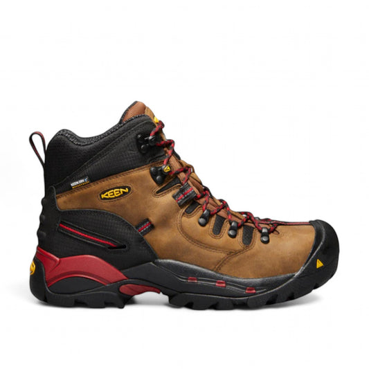 KEEN MEN CSA HAMILTON 6" waterproof boot in bison brown leather with black and red accents. Features carbon toe and KEEN.DRY.