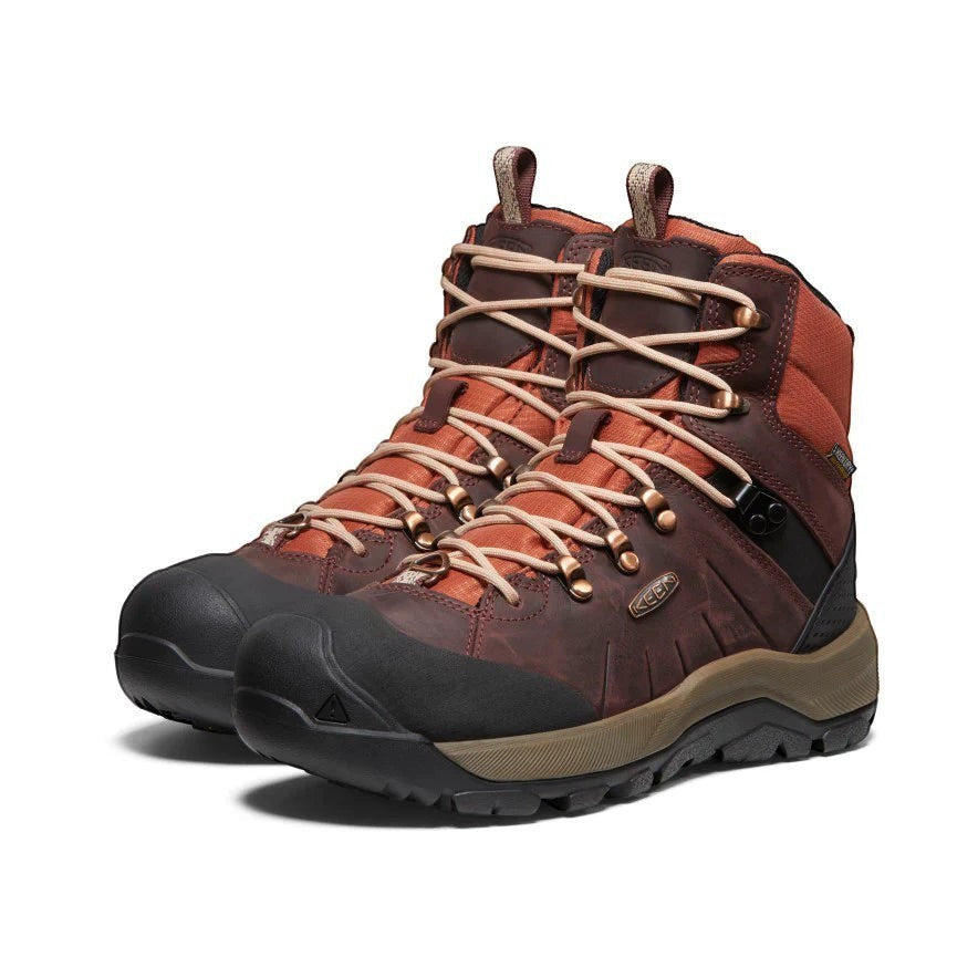 KEEN REVEL IV MID POLAR waterproof leather hiking boots in Andorra/Safari brown with orange accents and tan laces.