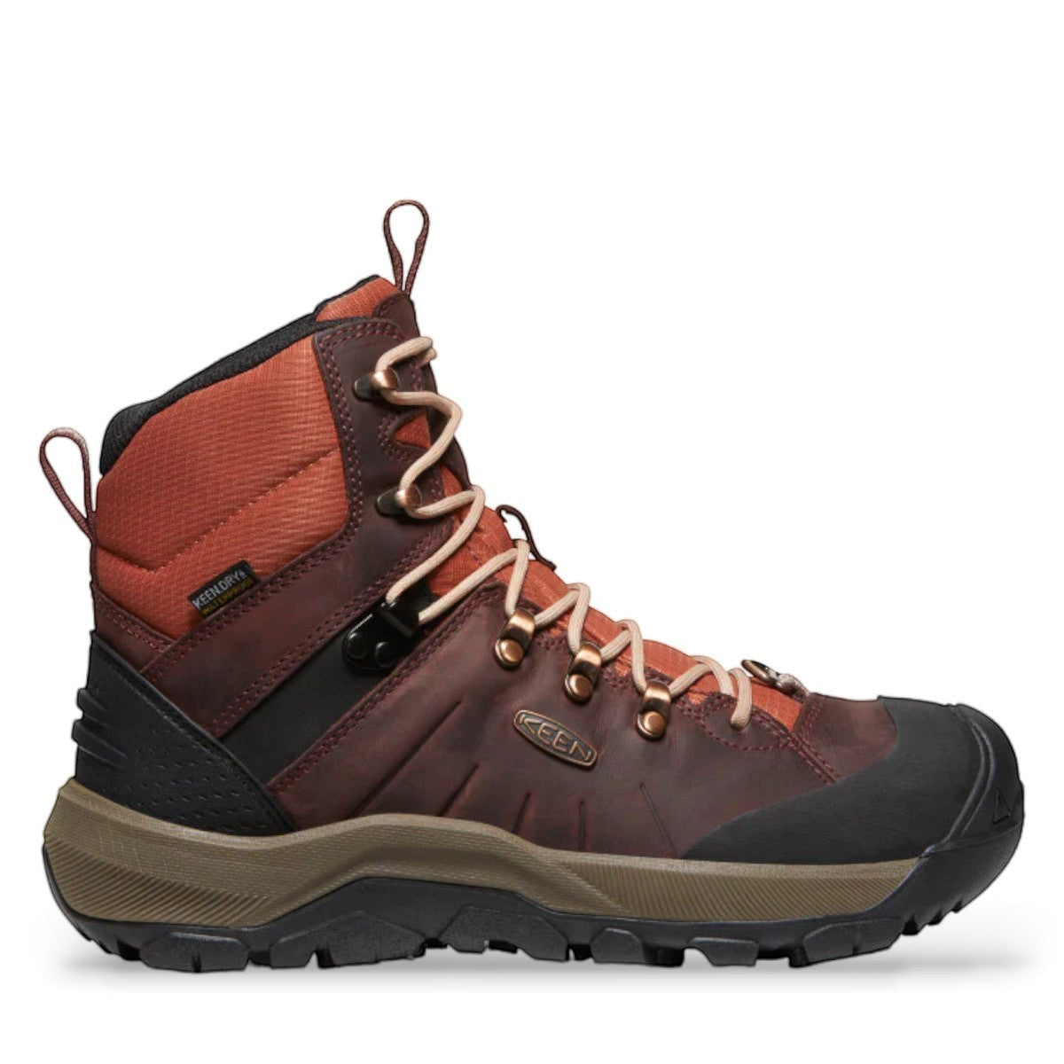 KEEN REVEL IV MID POLAR waterproof leather hiking boots in Andorra/Safari brown with orange accents and tan laces.