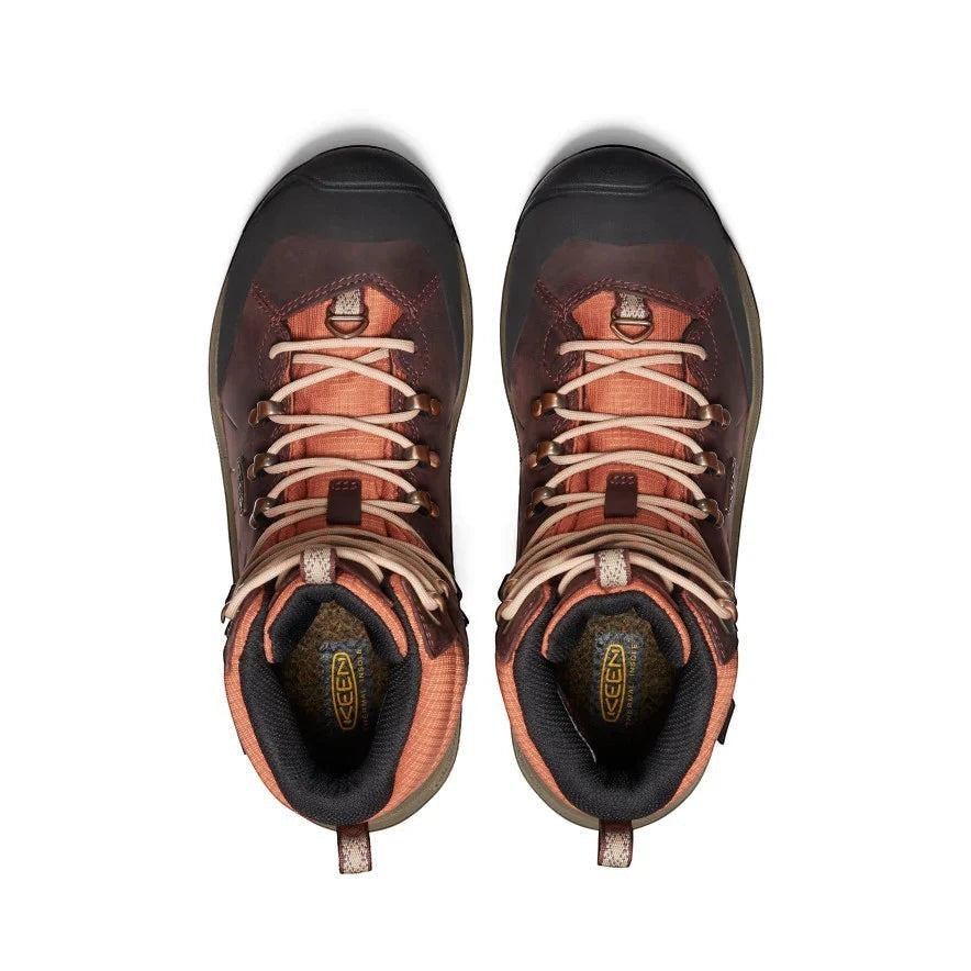 KEEN REVEL IV MID POLAR waterproof leather hiking boots in Andorra/Safari brown with orange accents and tan laces.