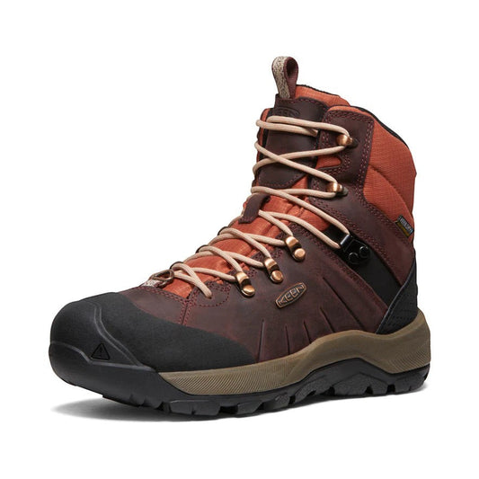KEEN REVEL IV MID POLAR waterproof leather hiking boots in Andorra/Safari brown with orange accents and tan laces.