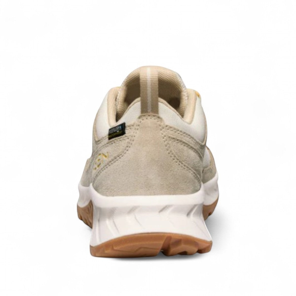 KEEN WOMEN'S HIGHTRAIL WP waterproof hiking shoes in birch and daffodil yellow. Suede and mesh upper with KEEN.DRY technology.