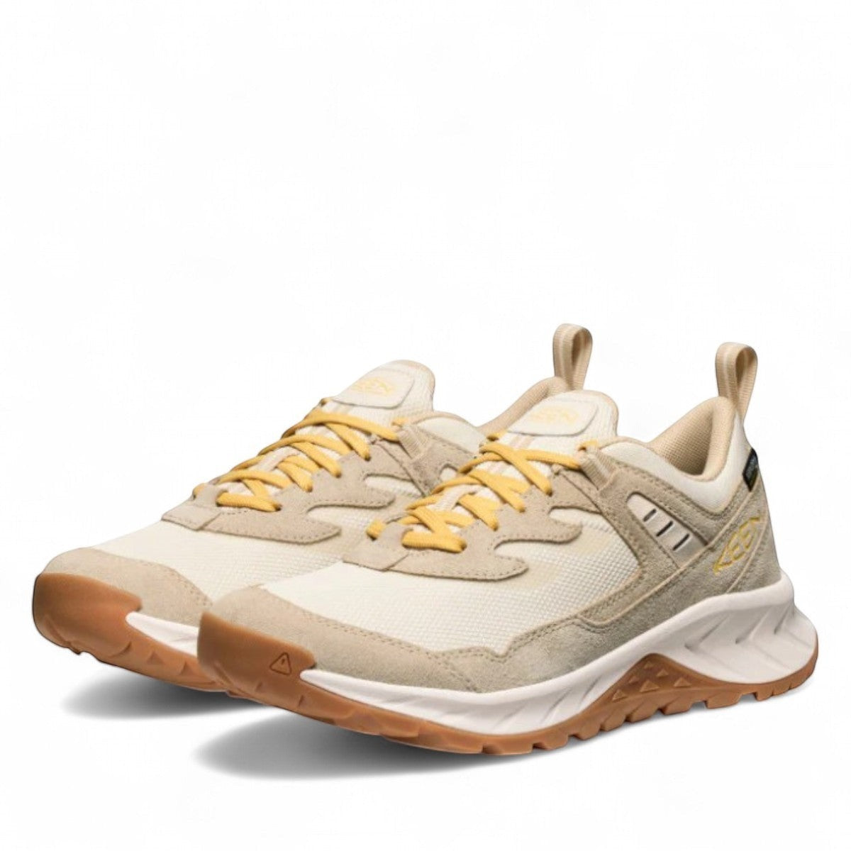 KEEN WOMEN'S HIGHTRAIL WP waterproof hiking shoes in birch and daffodil yellow. Suede and mesh upper with KEEN.DRY technology.