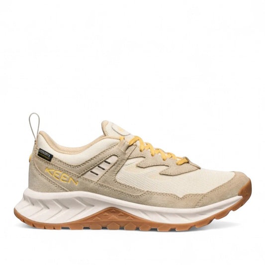 KEEN WOMEN'S HIGHTRAIL WP waterproof hiking shoes in birch and daffodil yellow. Suede and mesh upper with KEEN.DRY technology.