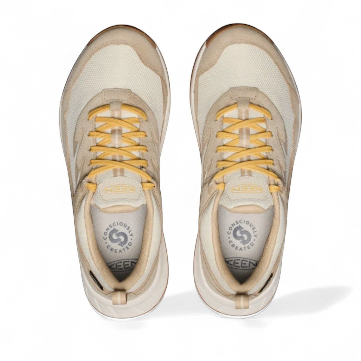 KEEN WOMEN'S HIGHTRAIL WP waterproof hiking shoes in birch and daffodil yellow. Suede and mesh upper with KEEN.DRY technology.