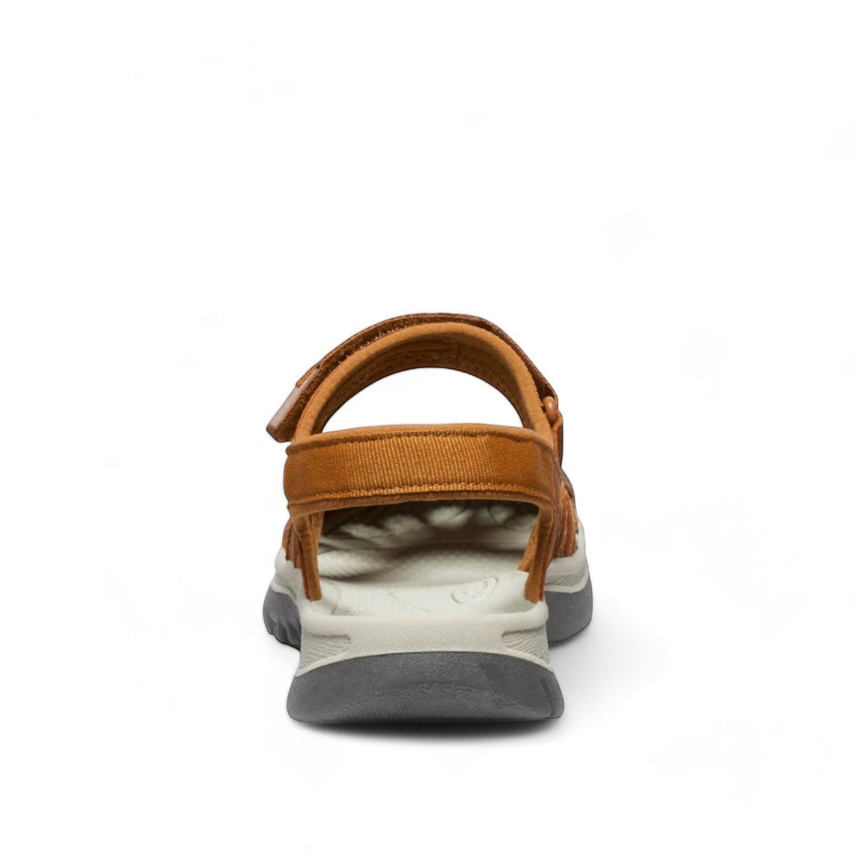 KEEN WOMEN'S ROSE SANDAL- ROASTED PECAN/BIRCH. Brown leather caged sandal with adjustable straps and toe bumper.
