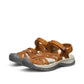 KEEN WOMEN'S ROSE SANDAL- ROASTED PECAN/BIRCH. Brown leather caged sandal with adjustable straps and toe bumper.