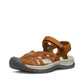 KEEN WOMEN'S ROSE SANDAL- ROASTED PECAN/BIRCH. Brown leather caged sandal with adjustable straps and toe bumper.