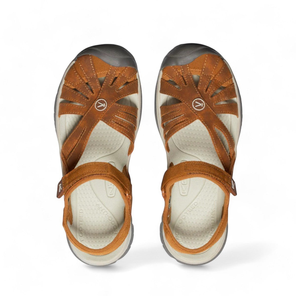KEEN WOMEN'S ROSE SANDAL- ROASTED PECAN/BIRCH. Brown leather caged sandal with adjustable straps and toe bumper.