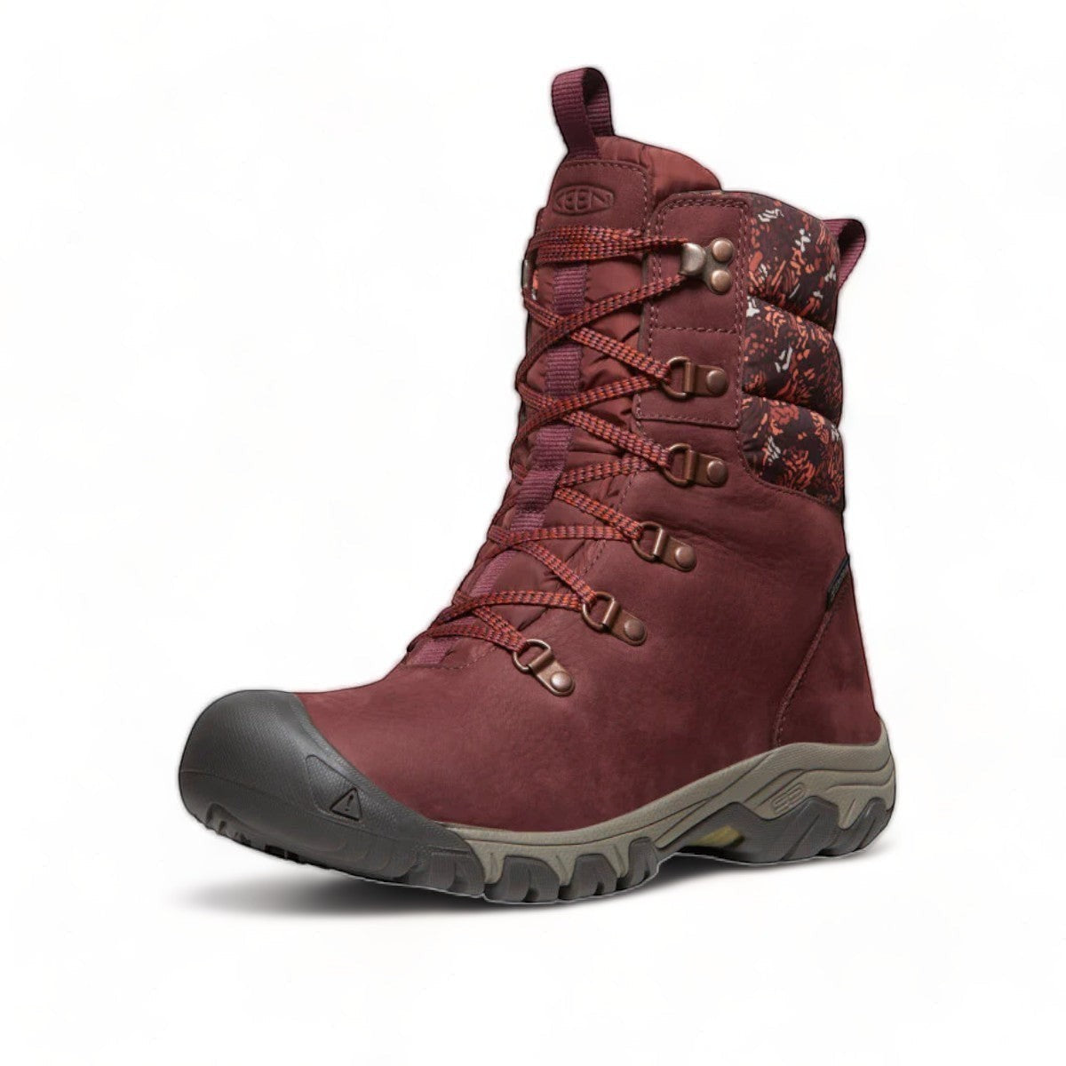 KEEN Greta waterproof winter boot in Andorra and baked clay with a quilted collar and leather upper.