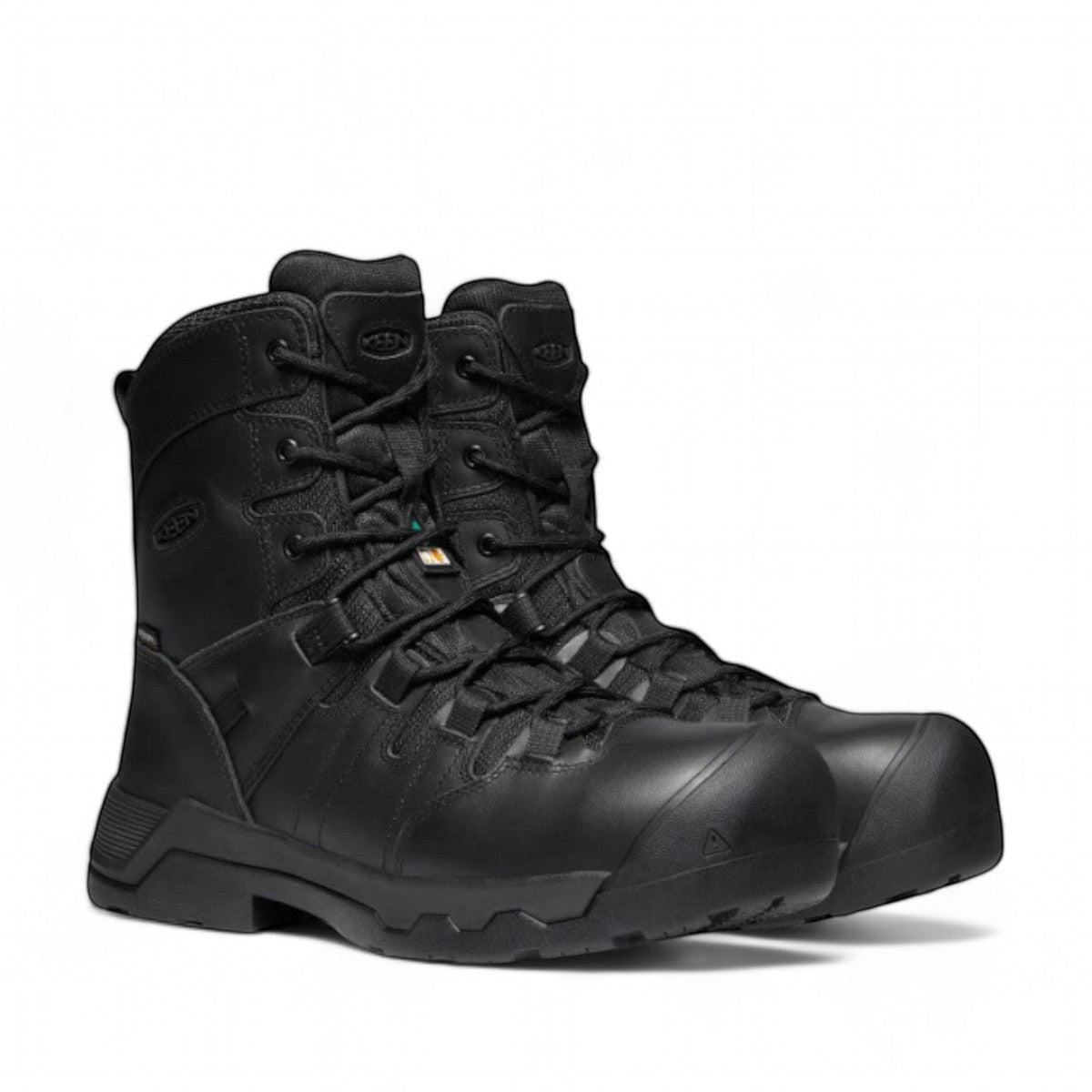 KEEN MEN CSA OSHAWA+ 8" black waterproof leather work boot with side zip, carbon toe, and KEEN.POLAR TRACTION for ice.