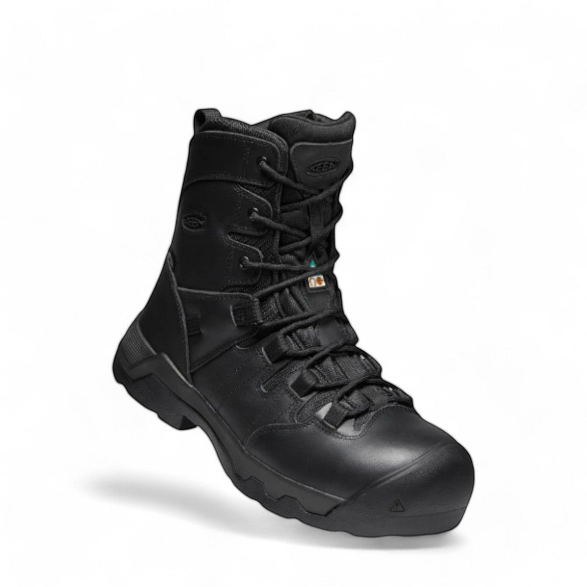 KEEN MEN CSA OSHAWA+ 8" black waterproof leather work boot with side zip, carbon toe, and KEEN.POLAR TRACTION for ice.