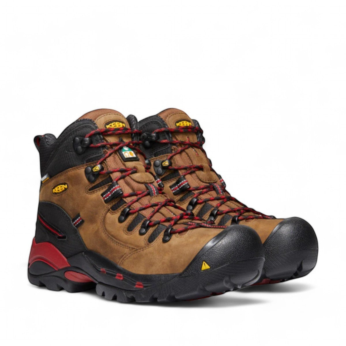 KEEN hamilton 6 inch waterproof work boot in bison brown and jester red with carbon-fiber toe and durable leather.