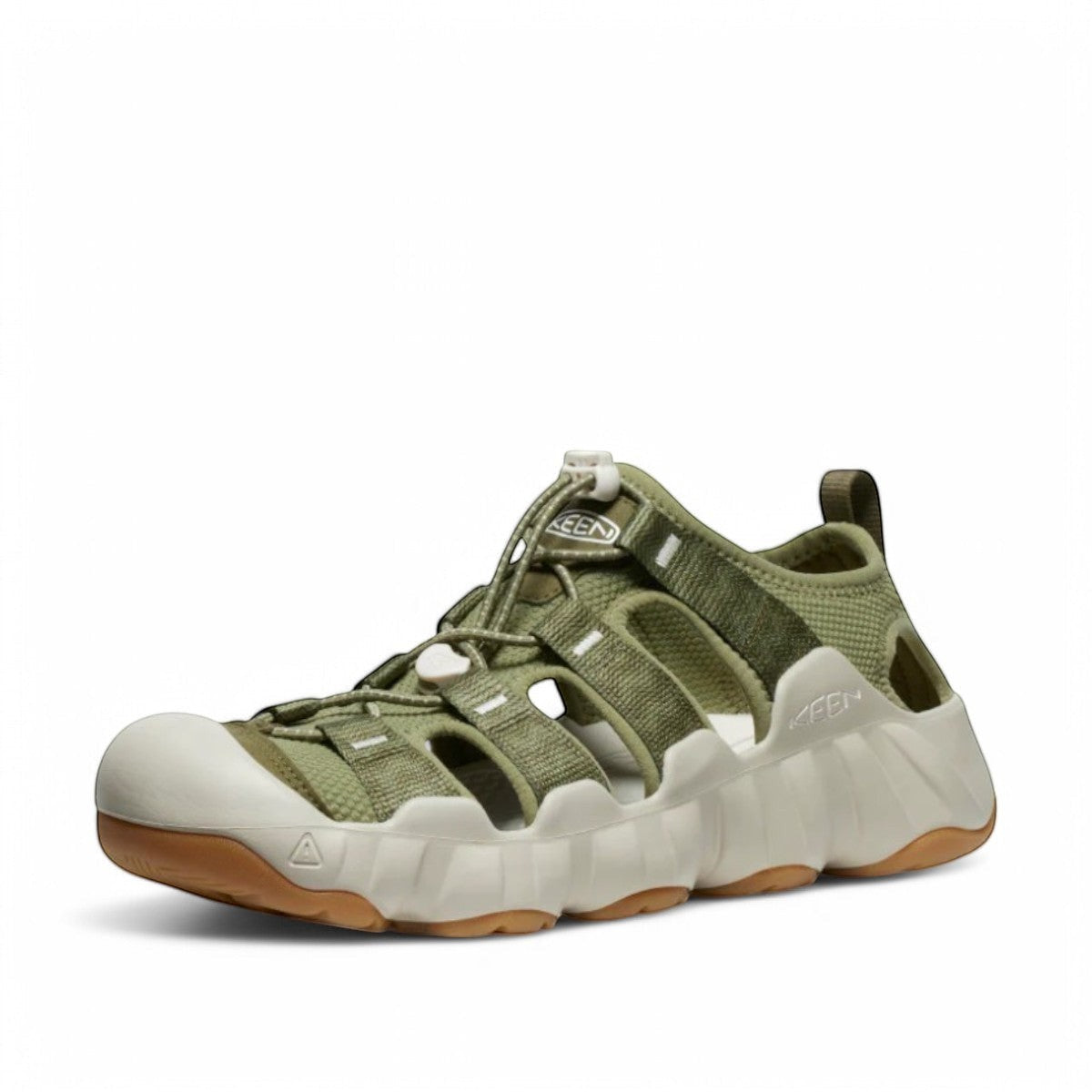 KEEN MEN'S HYPERPORT H2 water sandal in martini olive and plaza taupe with bungee cinch and toe bumper.