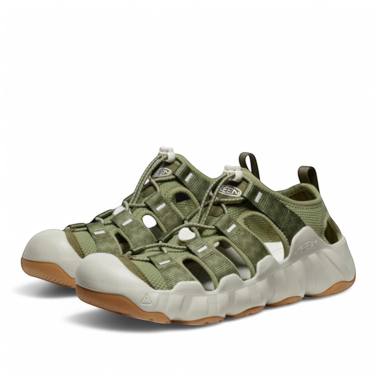 KEEN MEN'S HYPERPORT H2 water sandals in martini olive and plaza taupe with bungee cinch and toe bumper.
