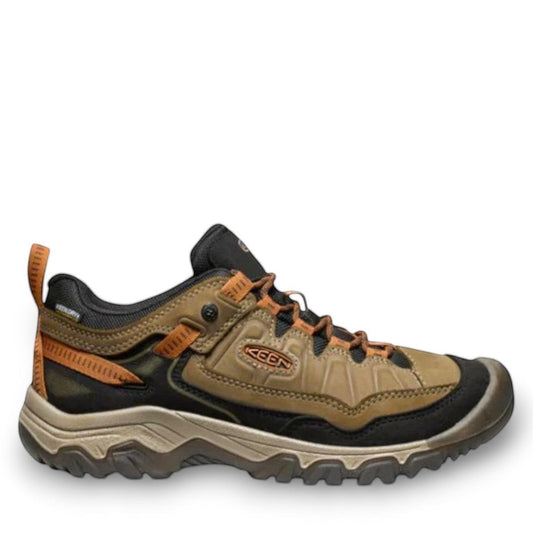 KEEN men's Targhee IV hiking shoe in sea turtle and roasted pecan nubuck leather with rugged traction outsole.