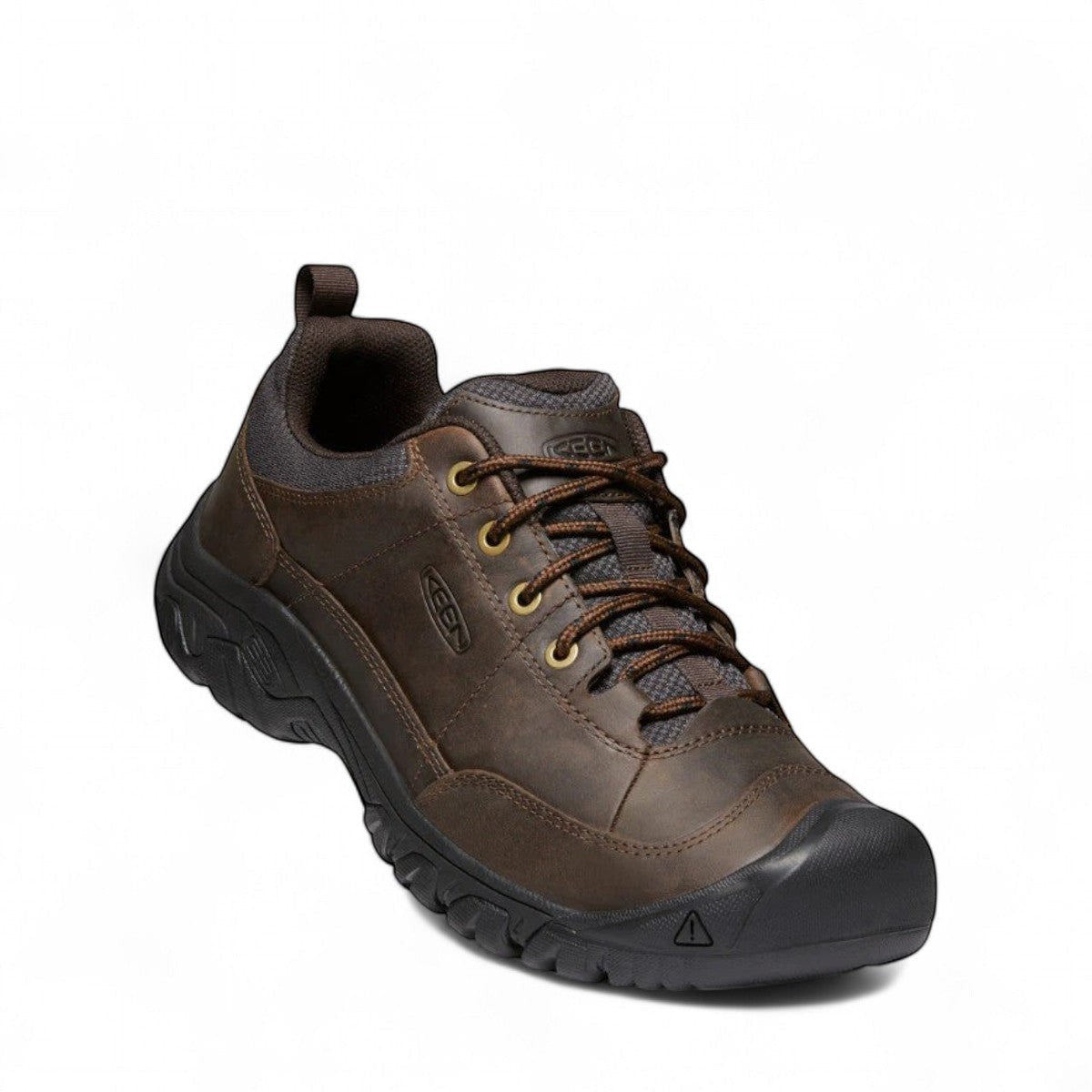 KEEN Targhee III Oxford in dark earth/ mulch brown leather with a rugged rubber toe bumper and traction sole.