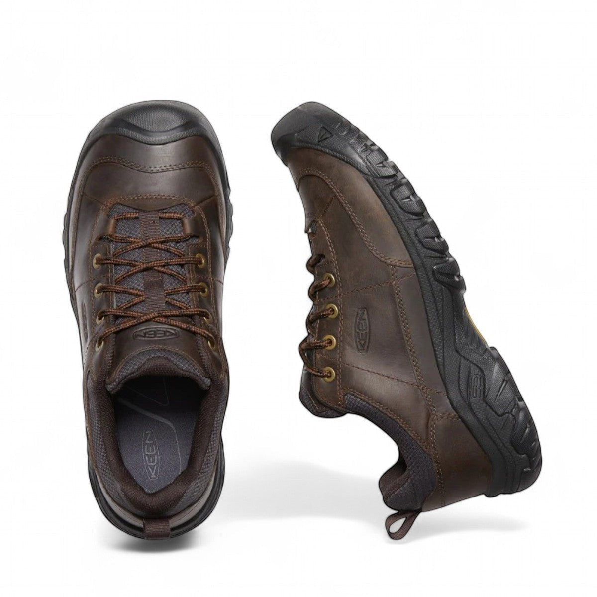 KEEN Targhee III Oxford in dark earth/ mulch brown leather with a rugged rubber toe bumper and traction sole.