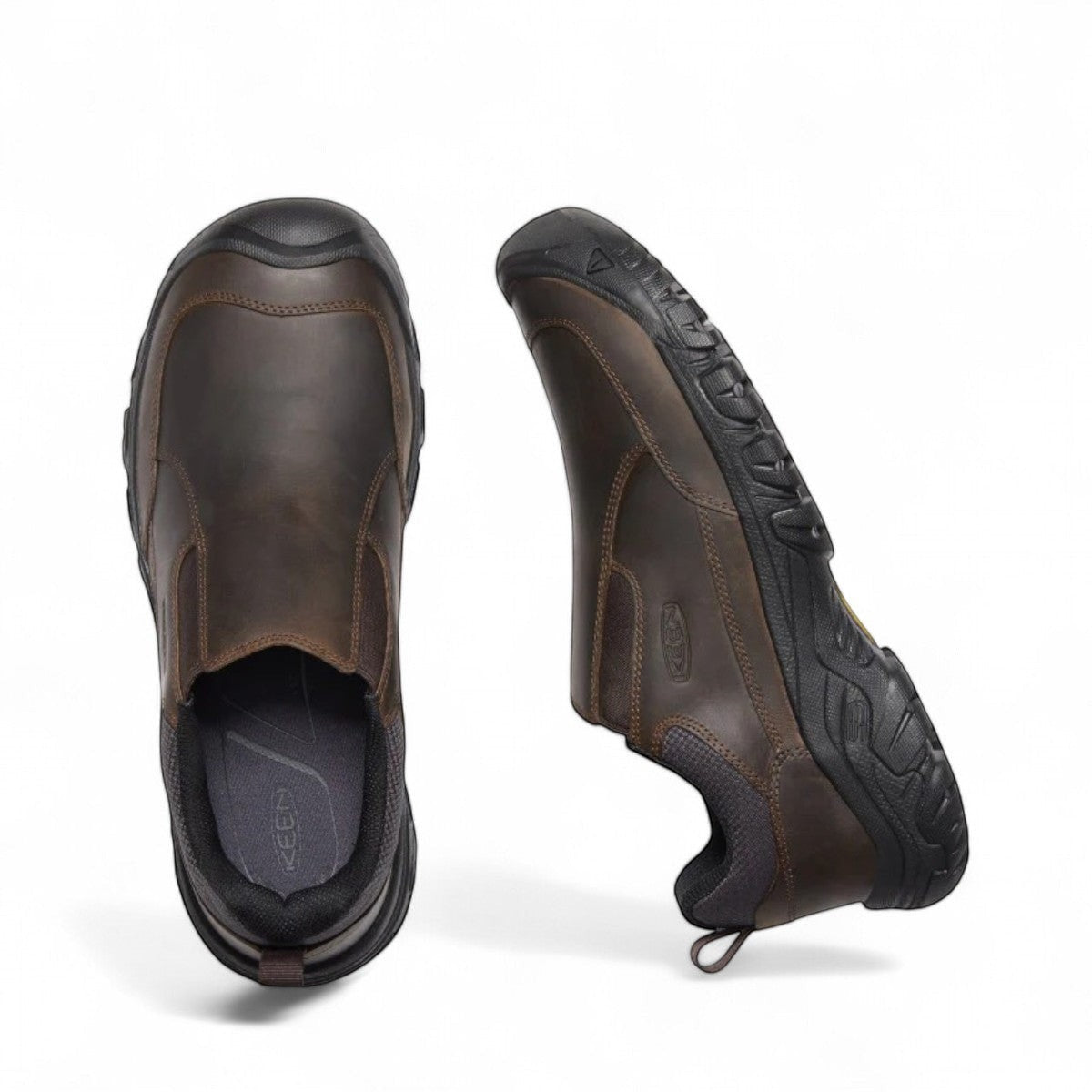 KEEN Targhee III slip-on shoe in dark earth/mulch brown oiled leather with a durable black rubber all-terrain outsole.