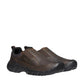 KEEN Targhee III slip-on shoe in dark earth/mulch brown oiled leather with a durable black rubber all-terrain outsole.