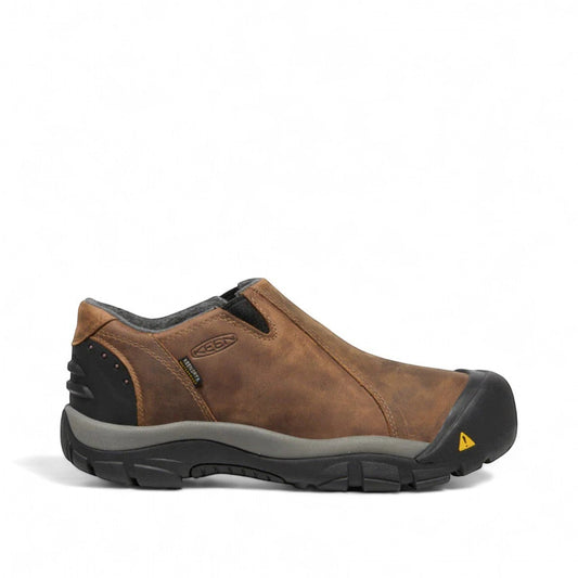 KEEN MEN'S BRIXEN waterproof low slip-on shoes in brown nubuck leather with KEEN.DRY and KEEN.WARM features.