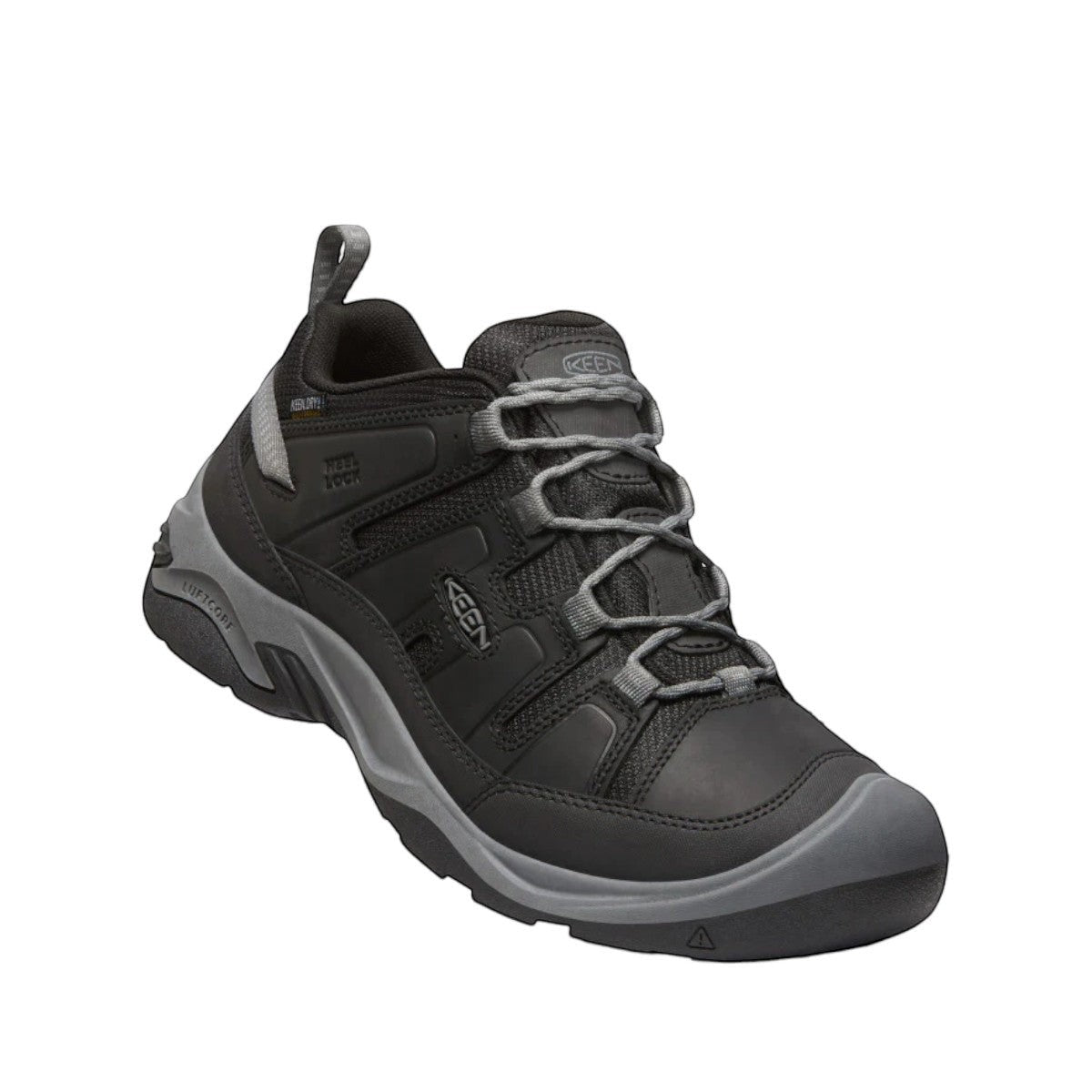 KEEN Men's Circadia Vent hiking shoe in black and steel grey with waterproof leather and rubber outsole.