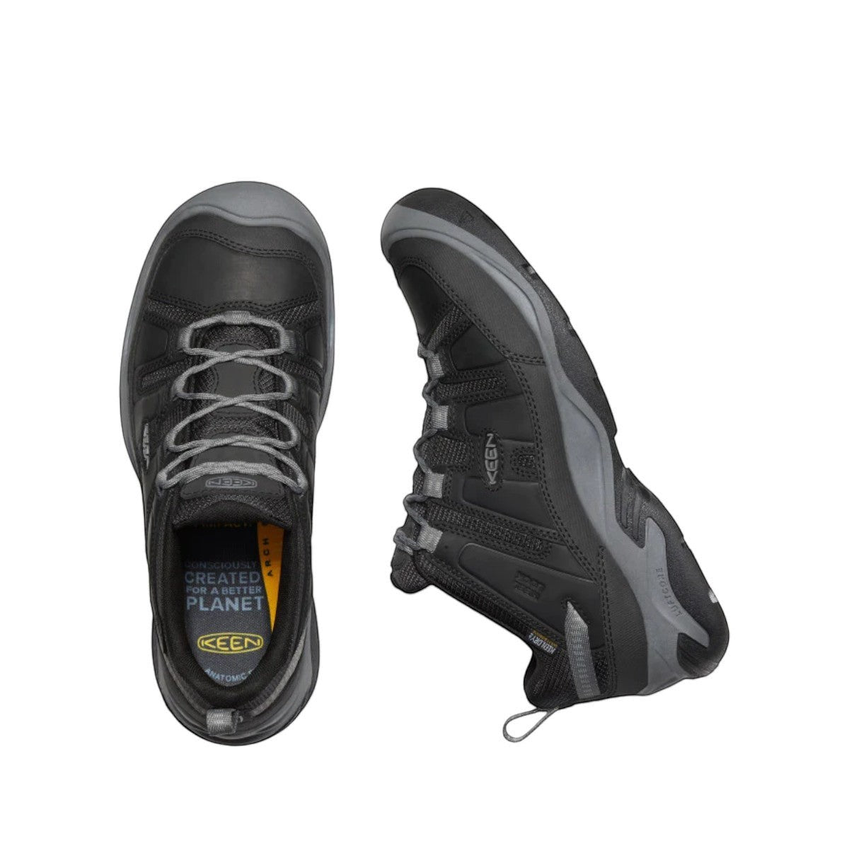 KEEN Men's Circadia Vent hiking shoe in black and steel grey with waterproof leather and rubber outsole.