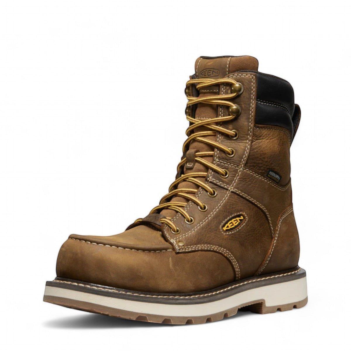 KEEN MEN CSA CINCINNATI 8" waterproof 90 degree heel boot brown leather work boot with carbon fiber toe and Belgian sandshell.