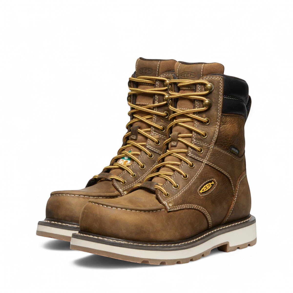 KEEN MEN CSA CINCINNATI 8" waterproof 90 degree heel boot brown leather work boot with carbon fiber toe and Belgian sandshell.