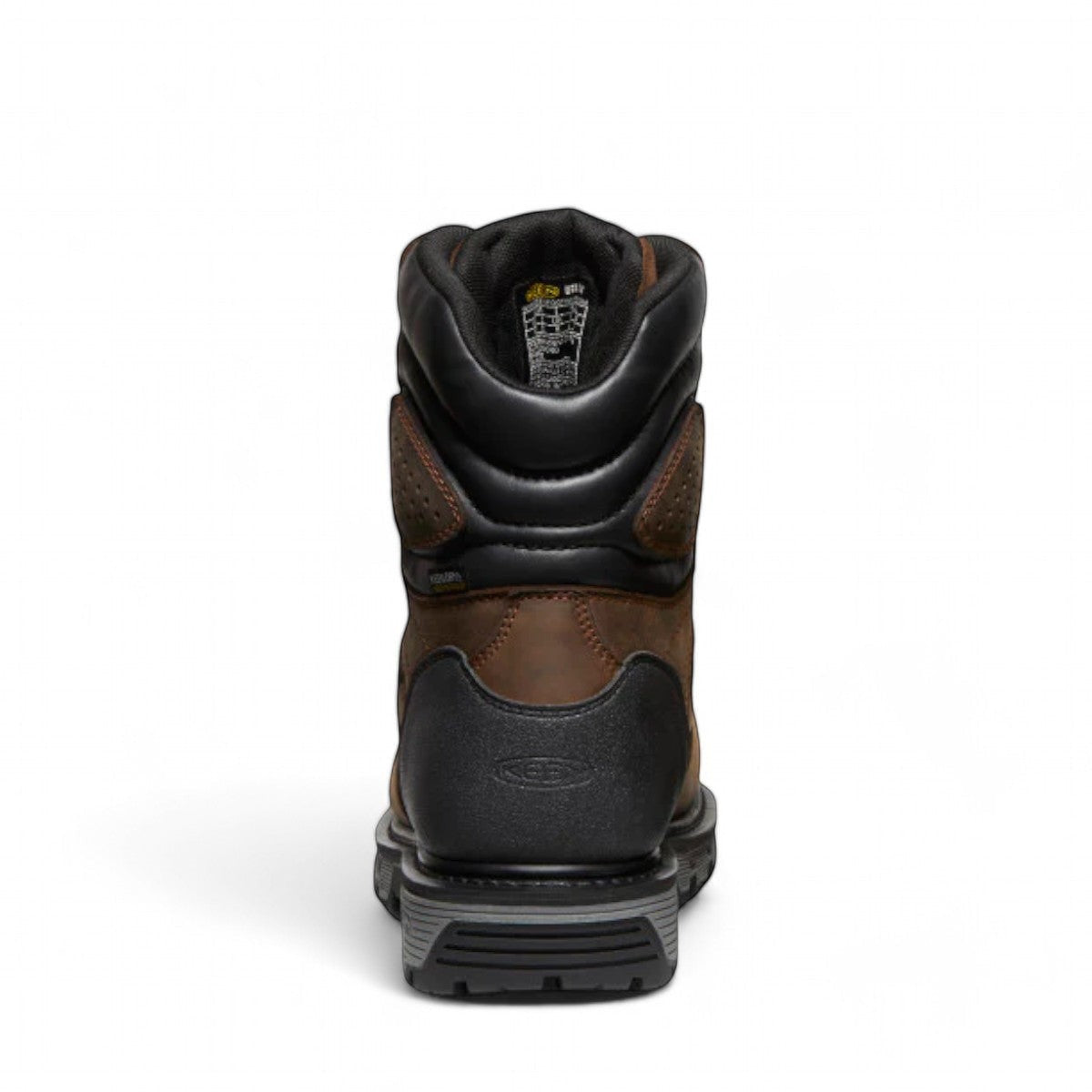 KEEN MEN CSA CAMDEN 8" waterproof insulated work boot in dark earth brown leather with black accents and carbon-fiber toe.