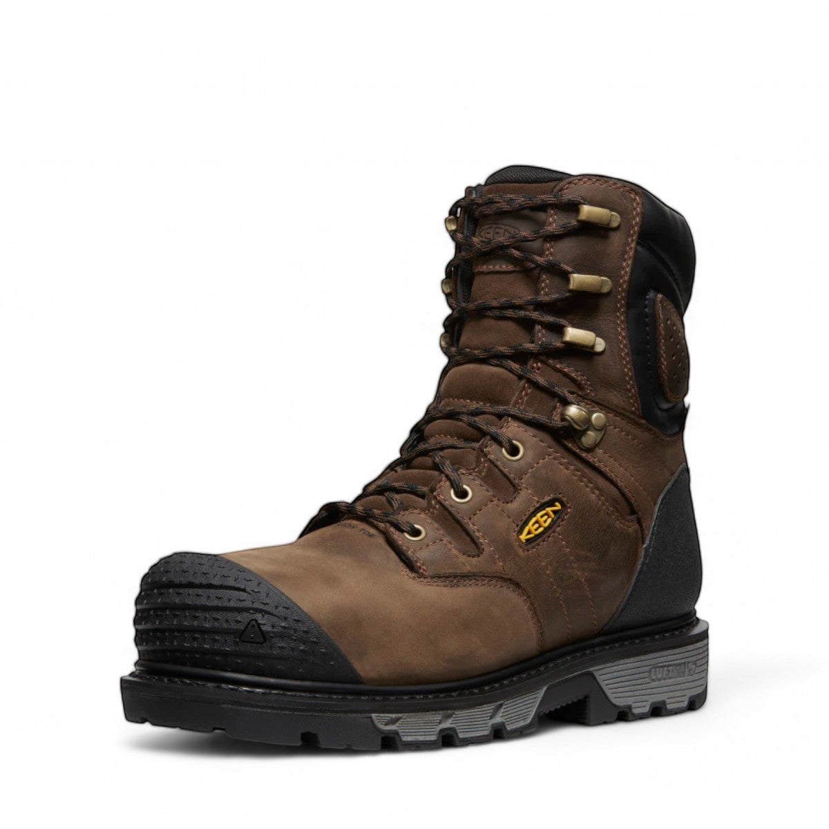 KEEN MEN CSA CAMDEN 8" waterproof insulated work boot in dark earth brown leather with black accents and carbon-fiber toe.