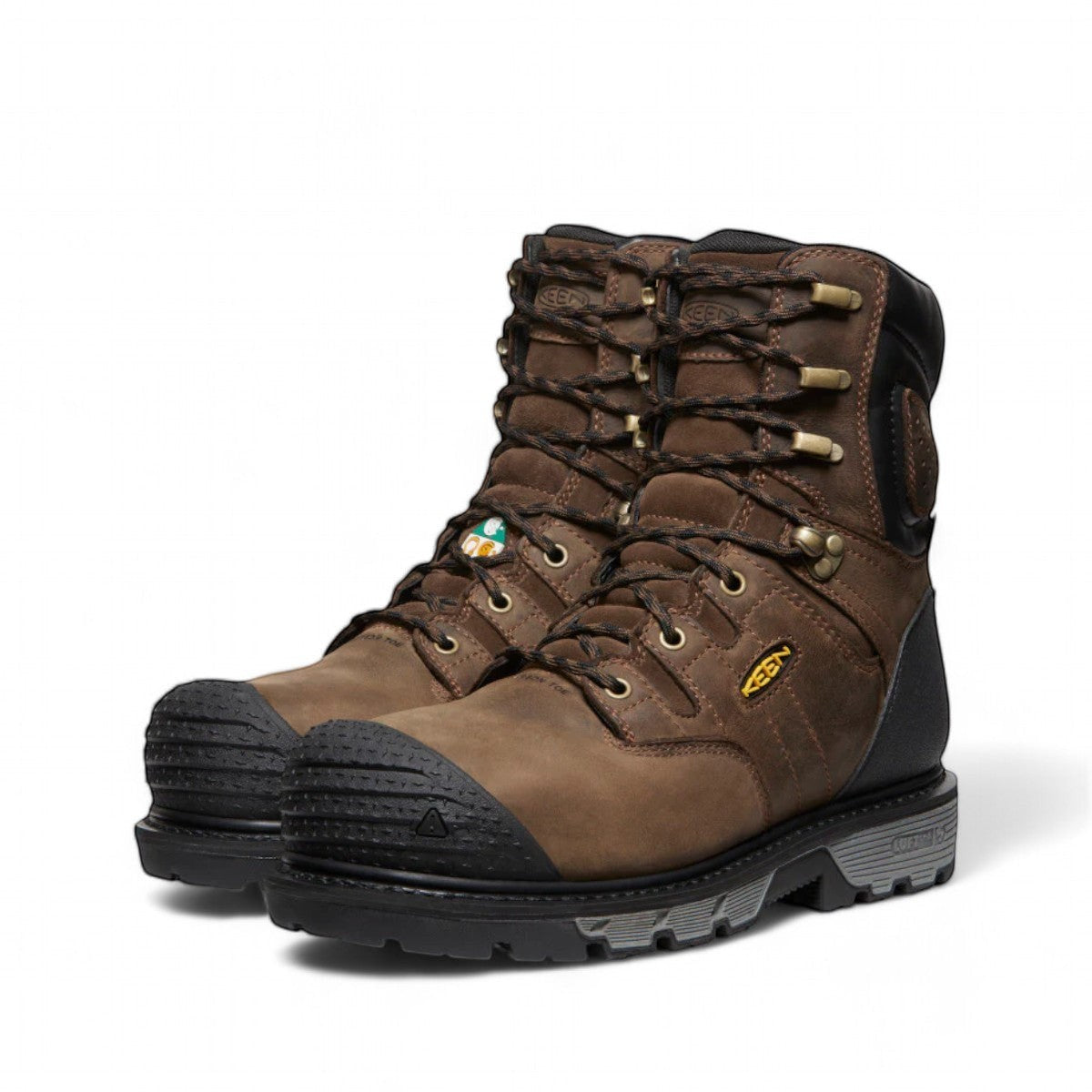 KEEN MEN CSA CAMDEN 8" waterproof insulated work boot in dark earth brown leather with black accents and carbon-fiber toe.