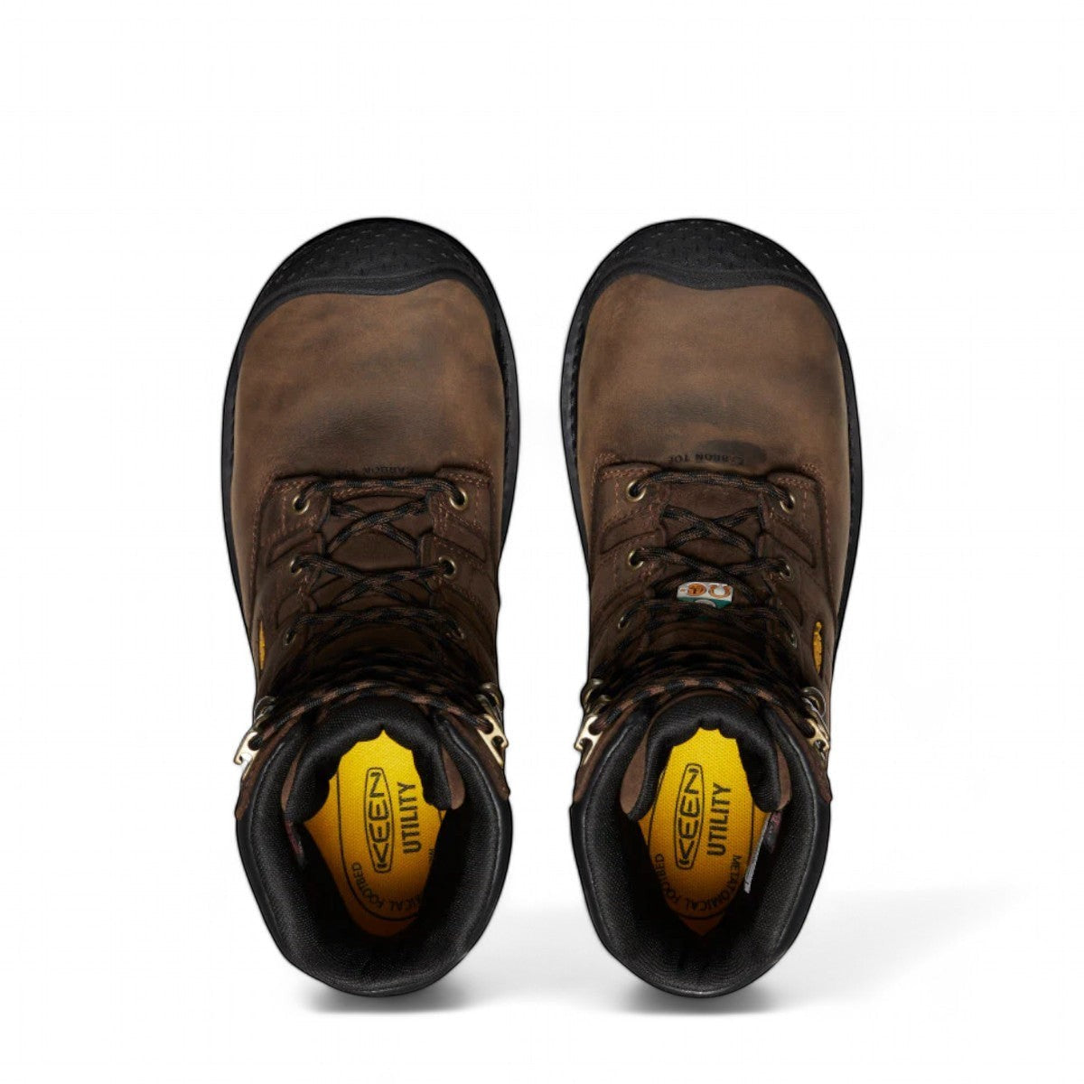 KEEN MEN CSA CAMDEN 8" waterproof insulated work boot in dark earth brown leather with black accents and carbon-fiber toe.