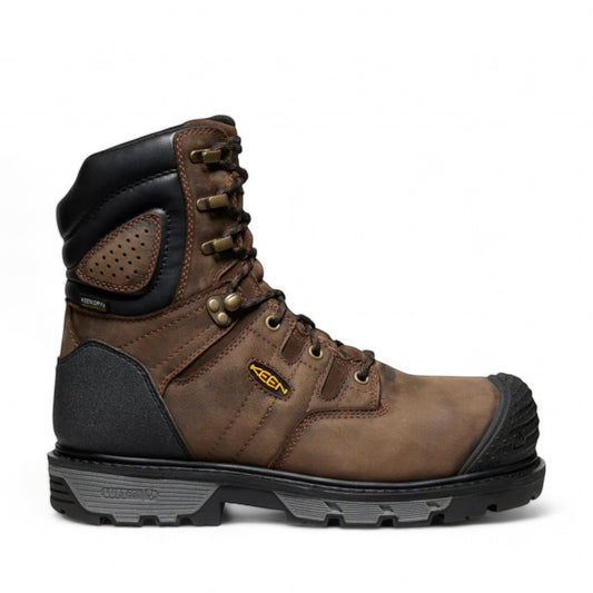 KEEN MEN CSA CAMDEN 8" waterproof insulated work boot in dark earth brown leather with black accents and carbon-fiber toe.