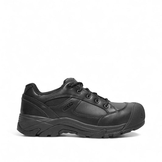 KEEN MEN'S CSA-ROSSLAND black leather composite toe work shoes with slip-resistant sole. Designed for warehouse and manufacturing.