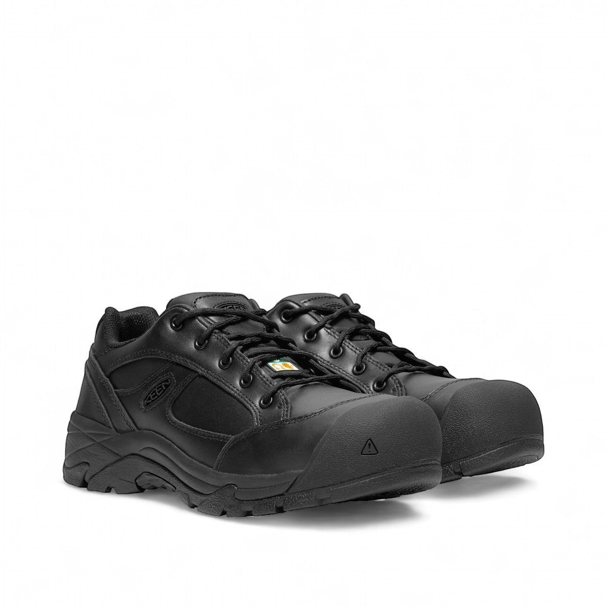 KEEN MEN'S CSA-ROSSLAND black leather composite toe work shoes with slip-resistant sole. Designed for warehouse and manufacturing.