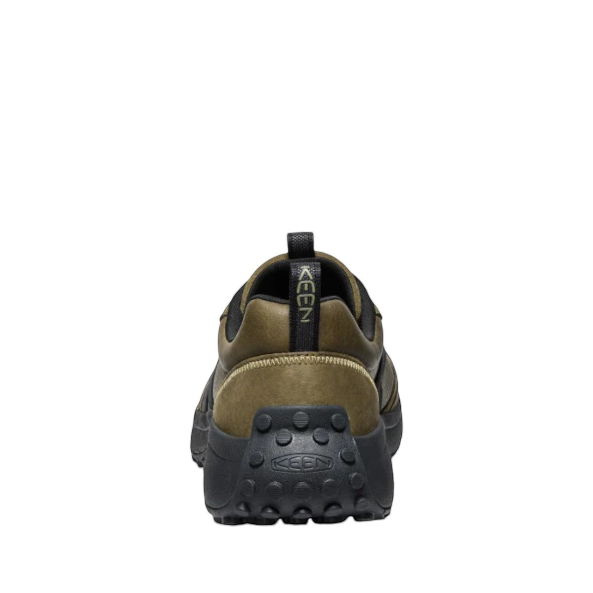KEEN KS86 men's dark olive and black leather sneaker with aggressive trail tread and cushioned midsole.