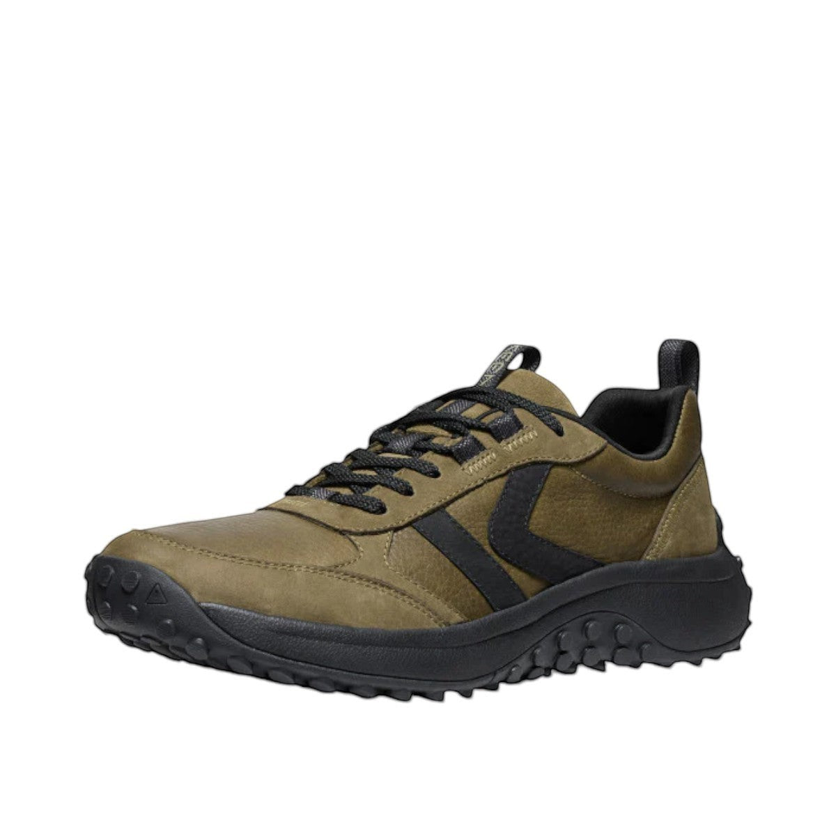 KEEN KS86 men's dark olive and black leather sneaker with aggressive trail tread and cushioned midsole.