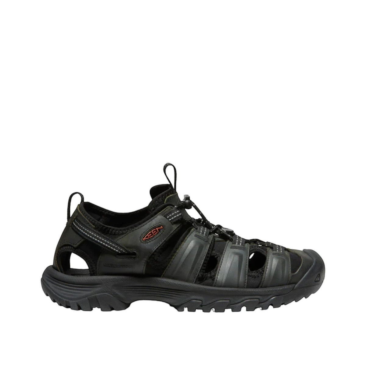 KEEN men's Targhee III closed-toe hiking sandal in gray and black waterproof leather with bungee lacing.