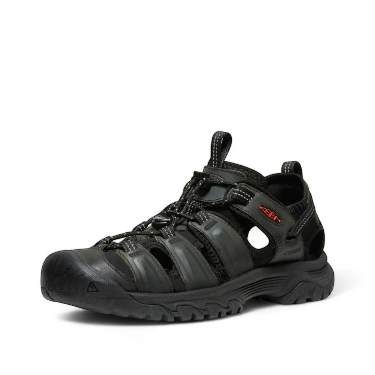 KEEN men's Targhee III closed-toe hiking sandal in gray and black waterproof leather with bungee lacing.