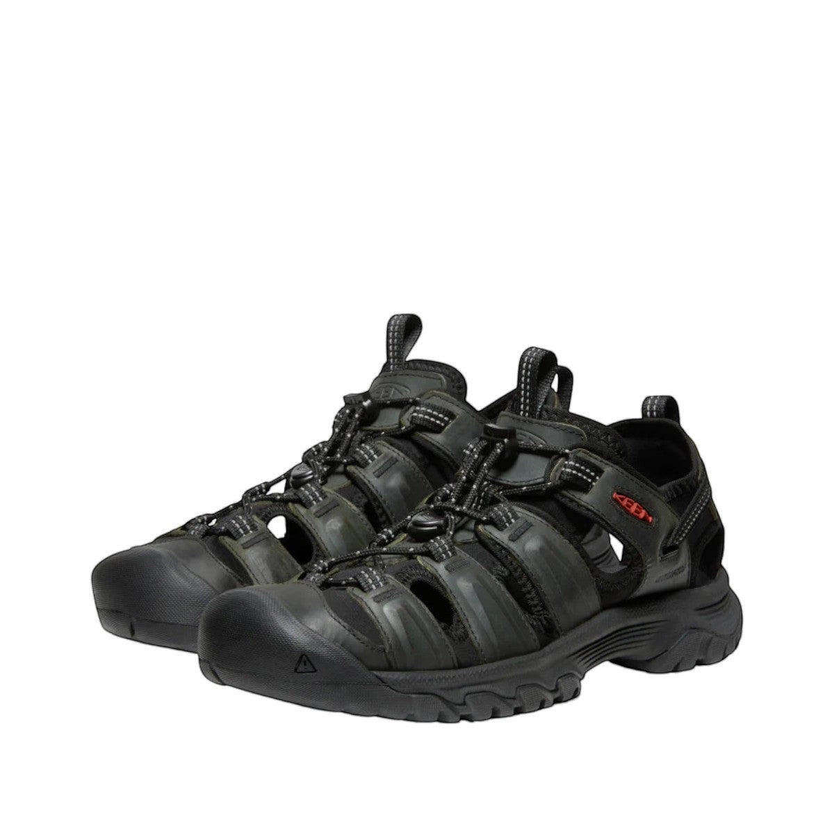 KEEN men's Targhee III closed-toe hiking sandal in gray and black waterproof leather with bungee lacing.