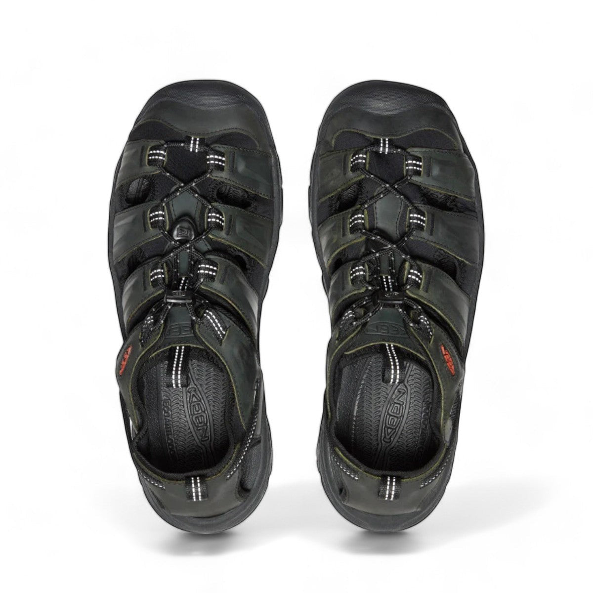 KEEN men's Targhee III closed-toe hiking sandal in gray and black waterproof leather with bungee lacing.