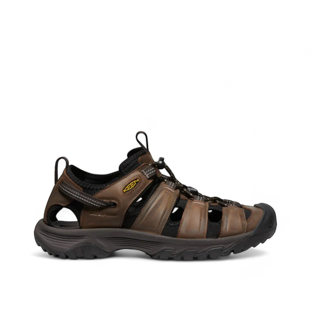 KEEN MEN'S TARGHEE III SANDAL - BISON/MULCH. Waterproof leather hiker sandal with bungee cinch and toe bumper.