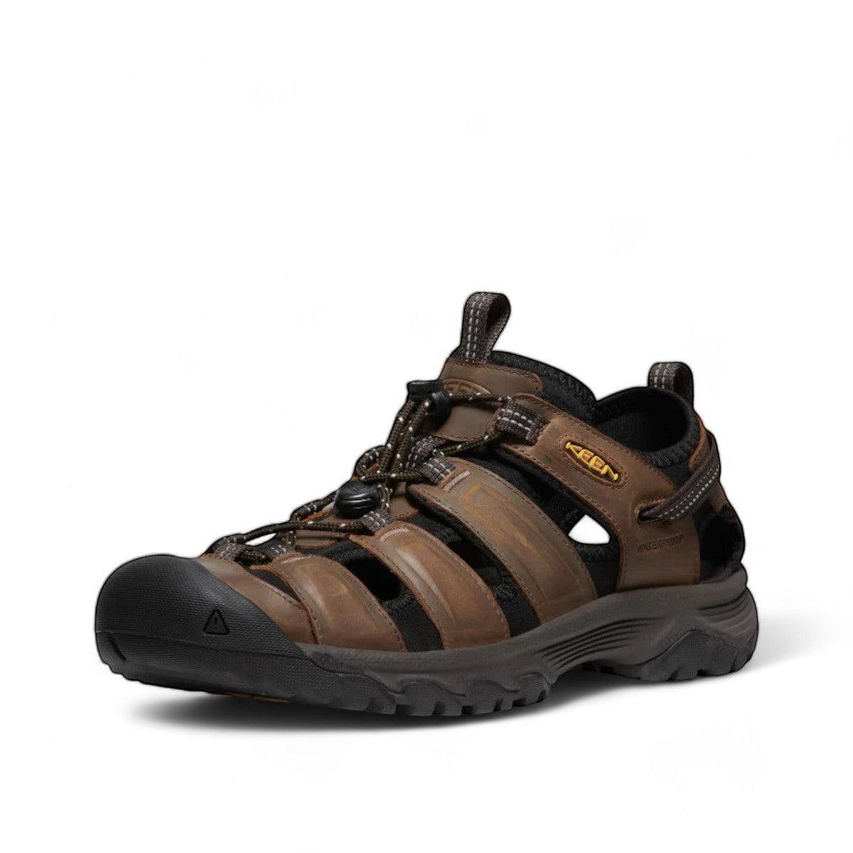 KEEN MEN'S TARGHEE III SANDAL - BISON/MULCH. Waterproof leather hiker sandal with bungee cinch and toe bumper.