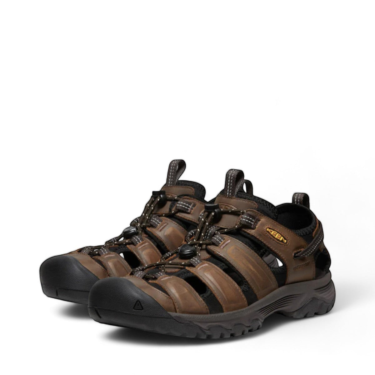 KEEN MEN'S TARGHEE III SANDAL - BISON/MULCH. Waterproof leather hiker sandal with bungee cinch and toe bumper.