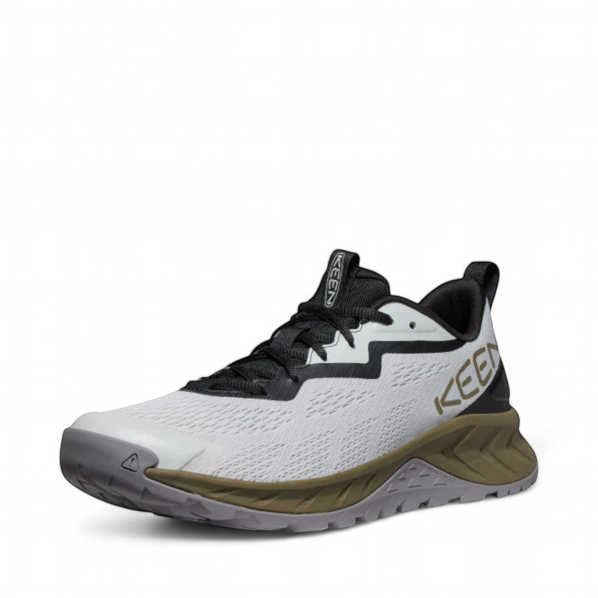 KEEN MEN'S VERSACORE SPEED SHOE in vapor white with dark olive accents. Lightweight mesh athletic hiker with contoured fit and all-terrain outsole.