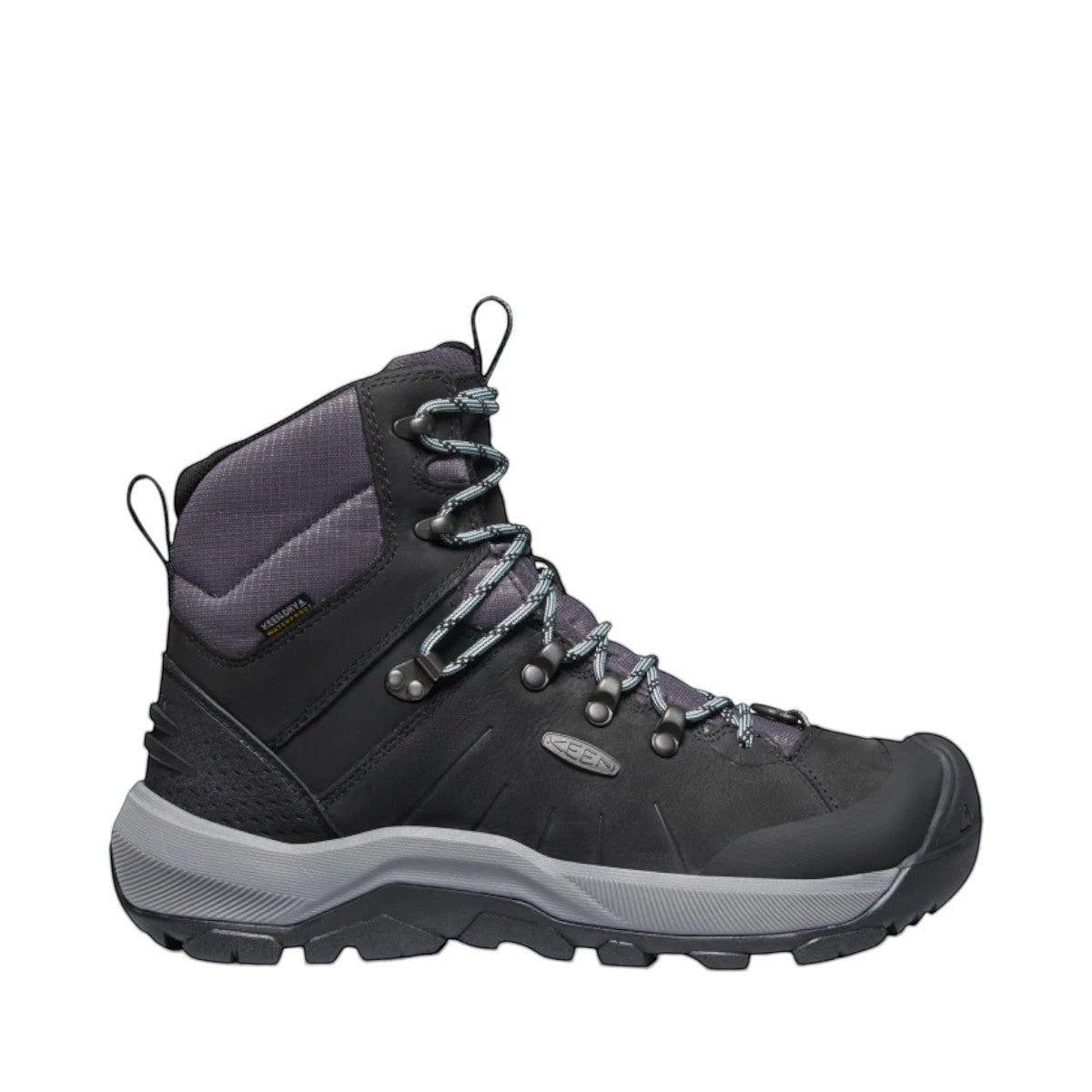 KEEN REVEL IV MID POLAR waterproof leather and mesh hiking boots in black and gray with KEEN.DRY technology.
